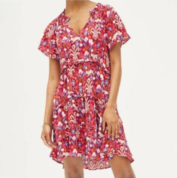 Anthropologie Robin Tiered Mini Dress Pink Ikat Flutter Sleeve Ruffle Size XS - Picture 4 of 14
